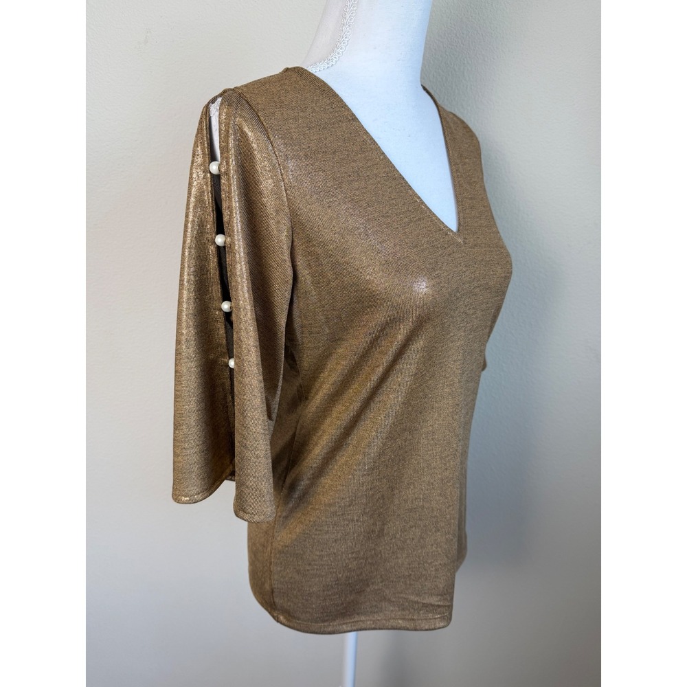 Michael Kors Women Metallic Knit Blouse Pearl Split Sleeve XS Gold Bronze Party